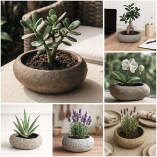 Handmade Stone Planter – Natural River Rock Pot for Succulents, Cactus and Bonsai | Rustic Wabi Sabi Garden Decor