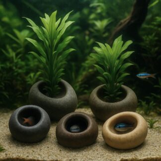 Handmade Mini Stone Aquarium Plant Holder – Natural River Pebble Pot | Random Unique Miniature Driftwood Terrarium Decor
