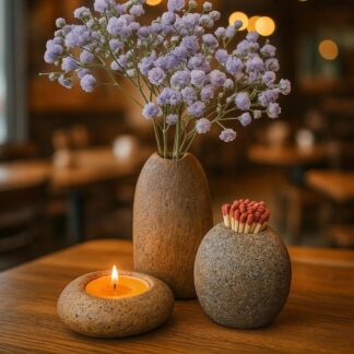Natural River Stone Decor Set – Candle Holder Mini Vase Match Holder | Wabi-Sabi Home Decor | Rustic Natural Rock Set | Handmade Pebble Trio