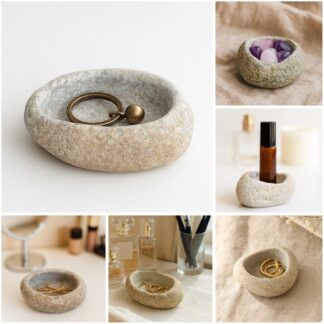 Natural Stone Jewelry Dish – Hand-Carved Pebble Ring Holder | Trinket Bowl for Earrings, Rings and Wabi-Sabi Decor