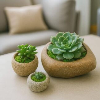 Natural Stone Planter Set – 3 Handmade River Rock Pots | Mini Plant Pots | Indoor Planter Set | Stone Flower Pot | Home and Garden Decor