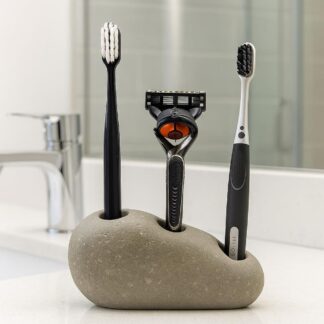 Natural River Stone Toothbrush and Razor Holder – 3-Hole Bathroom Organizer – Minimalist Stone Stand – Rustic Bathroom Decor – Random Color