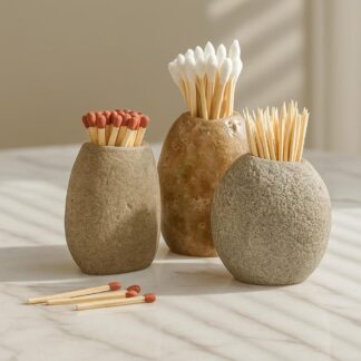 Natural River Stone Toothpick and Match Holder – Mini Pebble Cup for Q-Tips, Matches, Kitchen | Bathroom Decor, Eco-Friendly Rustic Accessory