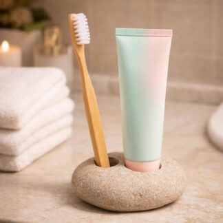 Pebble Toothbrush - Toothpaste Holder, Natural Stone Bathroom Organizer, Handmade River Stone Toothbrush Stand