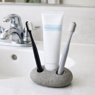 Pebble Toothbrush and Toothpaste Holder, Natural Stone Stand for 2 Brushes + 1 Paste, Handmade Bathroom Decor