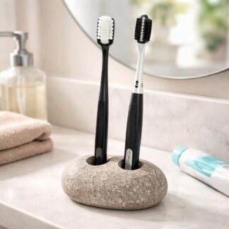 Double Pebble Toothbrush Holder, Natural Stone Stand for 2 Brushes, Handmade River Stone Bathroom Decor