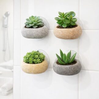 Wall Mounted Stone Succulent Planter | Bathroom Tile Wall Decor with Suction Cup | Mini Pebble Planter for Shower and Toilet Wall