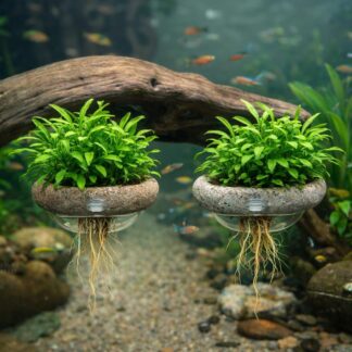 Natural Stone Aquarium Wall Planter, Glass Mounted Plant Holder with Suction Cup, Handmade Stone Pot for Aquascape