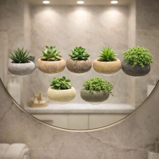 Mini Stone Succulent Planter with Suction Cup | Glass Mounted Succulent Pot | Pebble Planter for Bathroom Mirror Decor