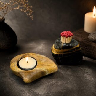 Stone Match Holder and Tealight Candle Holder Set, Natural Stone Match Strike Holder, Pebble Candle Holder, Zen Decor Gift